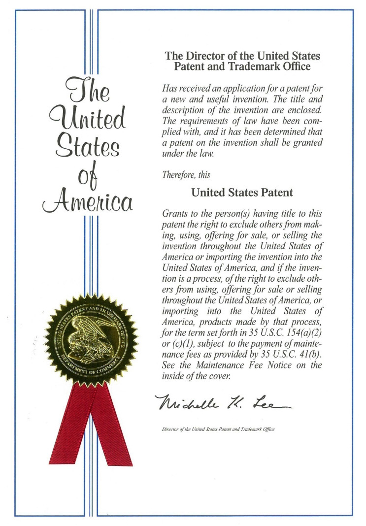 The United States Of America 특허증.